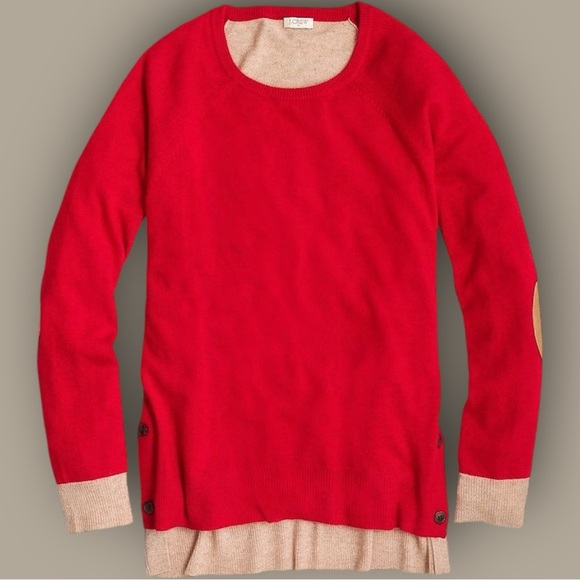 J. Crew Factory Red & Tan Colorblock Side Button Sweater with Elbow Patches Sz M - Picture 1 of 12